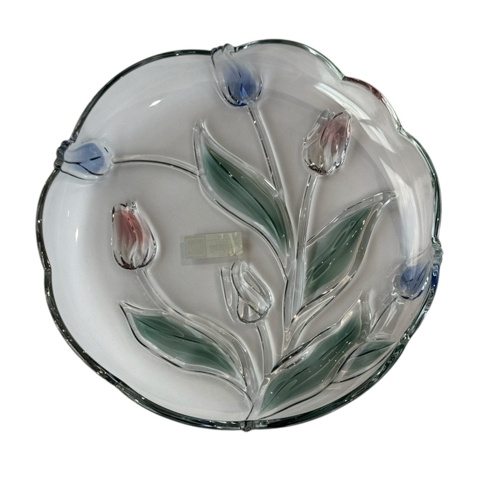 Vintage Mikasa Glass Tivoli Tulip Serving Platter Blue and Pink Floral Design